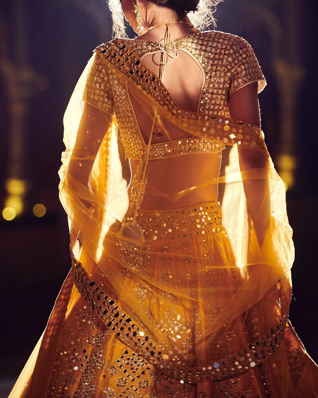 Abhinav Mishra Mirror Embellished Lehenga Set | Gold, Net, V Neck,  Sleeveless | Aza fashion, Fashion, Gold lehenga
