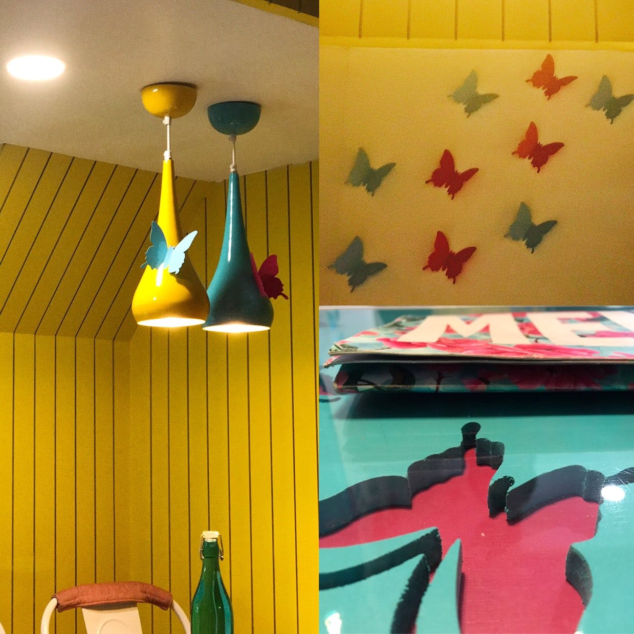 Room,Yellow,Lighting,Wall,Turquoise,Lighting accessory,Ceiling,Interior design,Lampshade,Textile