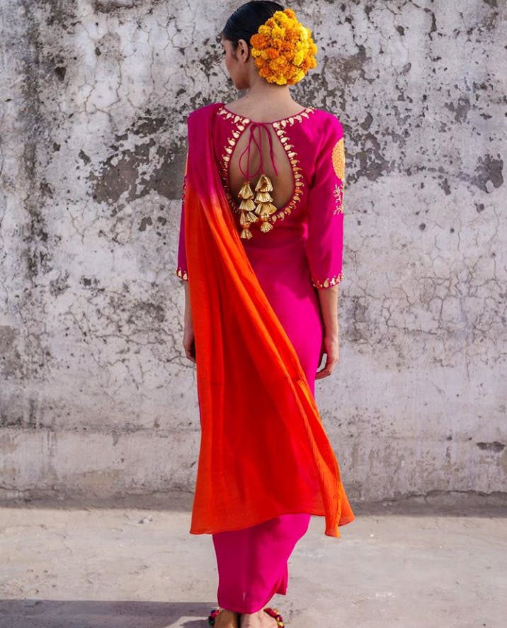 Clothing,Pink,Orange,Magenta,Formal wear,Yellow,Dress,Tradition,Sari,Neck