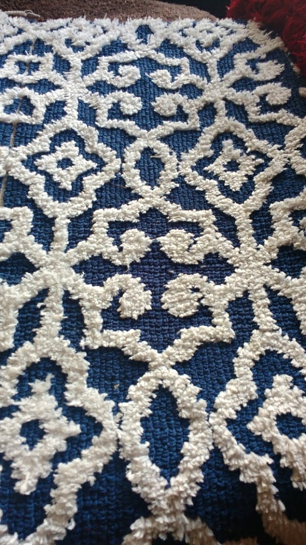Pattern,Crochet,Blue,Woven fabric,Cobalt blue,Textile,Wool,Design,Motif,Beige