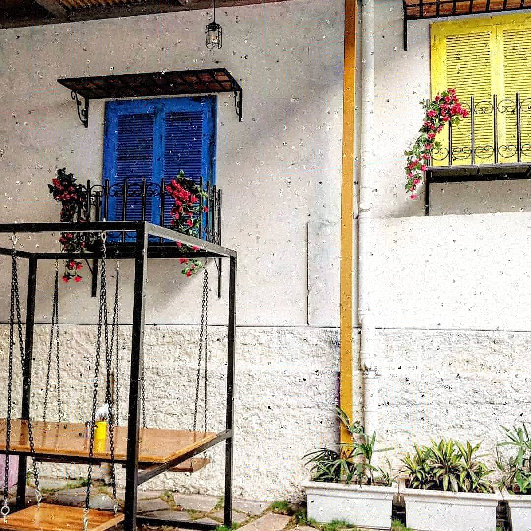 Blue,Wall,Yellow,Iron,Window,Facade,Door,Architecture,House,Tree