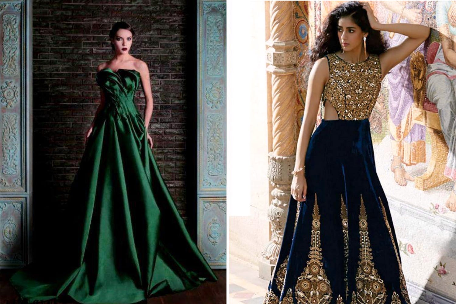 Bottle Green Green Patchwork Gown by EEDHA By Heena and Vasudha for rent  online | FLYROBE