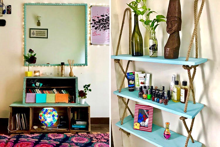 Shelf,Room,Furniture,Turquoise,Shelving,Purple,Pink,Interior design,Wall,Table