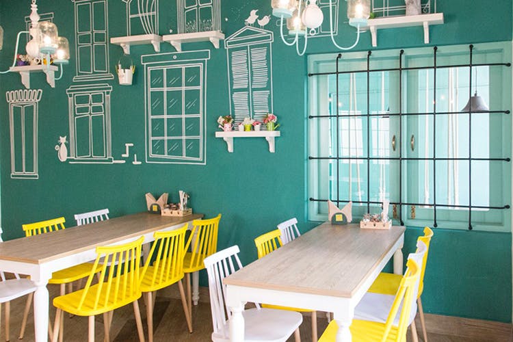 Room,Green,Turquoise,Yellow,Furniture,Table,Dining room,Interior design,Building,Ceiling