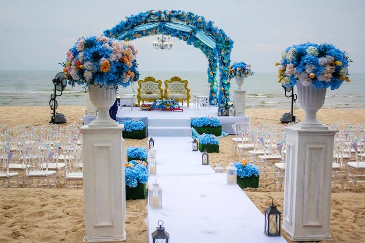 Arch,Blue,Architecture,Aisle,Ceremony,Event,Flower,Floral design,Plant,Wedding