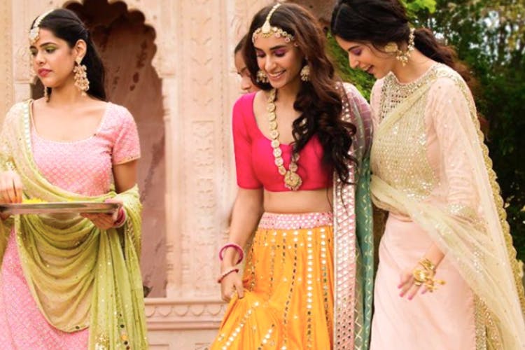 Clothing,Pink,Sari,Yellow,Peach,Formal wear,Magenta,Dress,Blouse,Textile