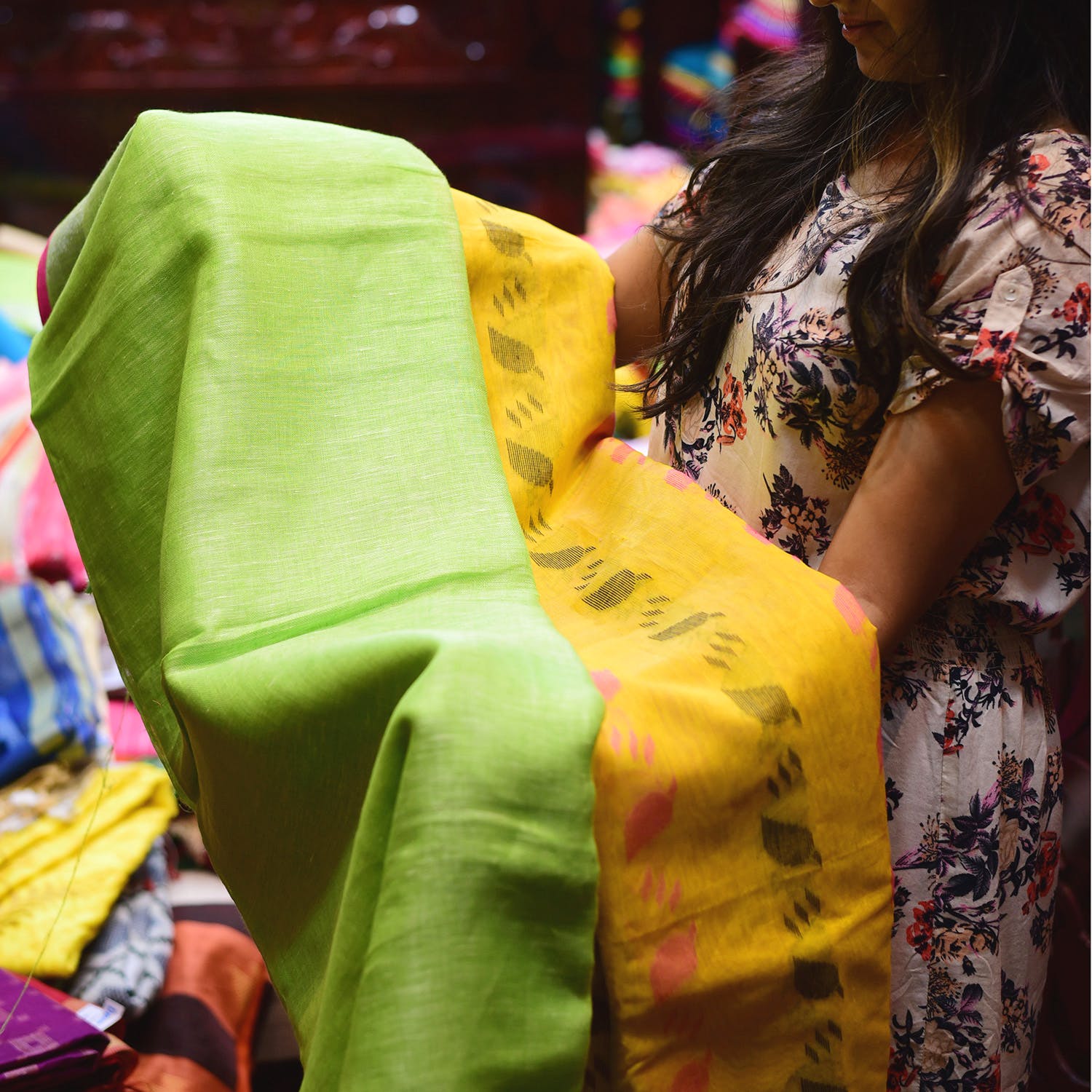 Yellow,Green,Textile,Human,Joint,Dress,Sari,Adaptation,Sitting,Linens