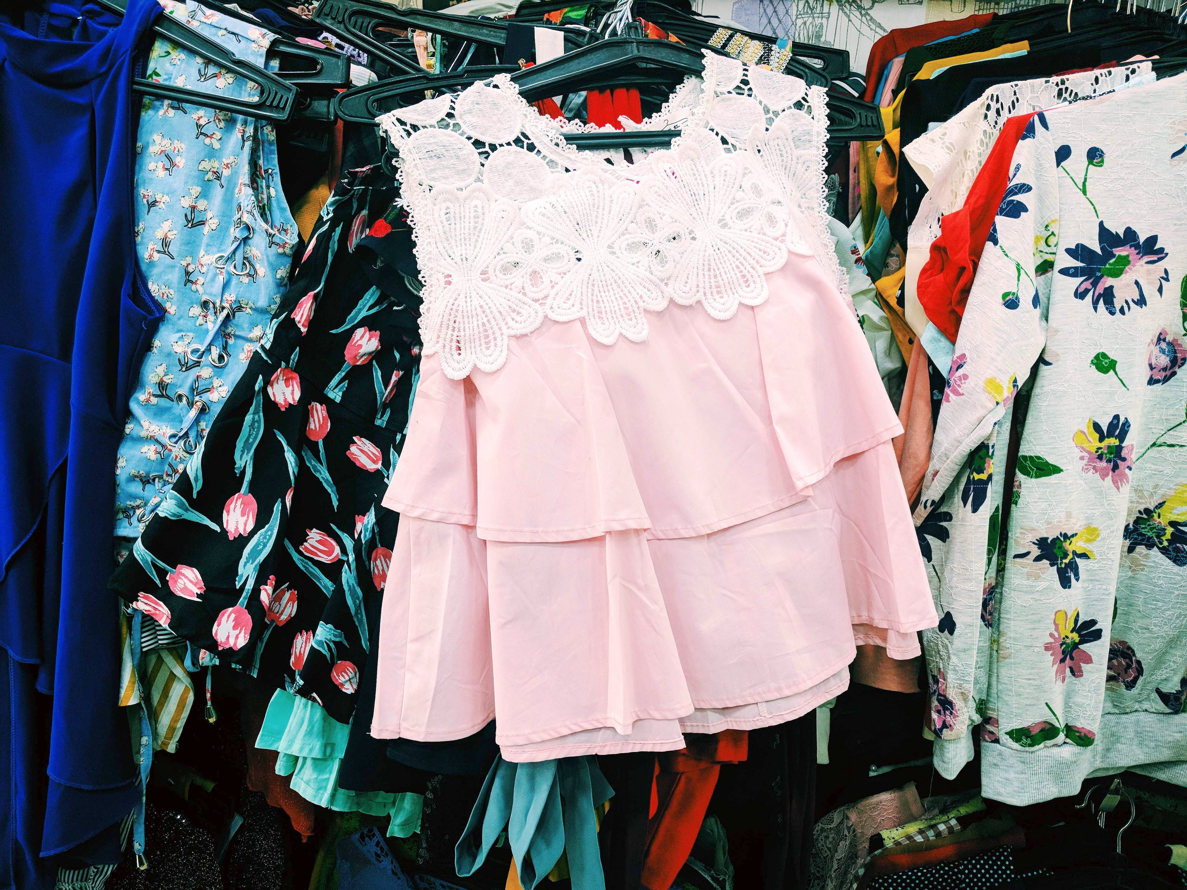 Clothing,White,Pink,Dress,Fashion,Sleeve,Clothes hanger,Textile,Street fashion,Peach
