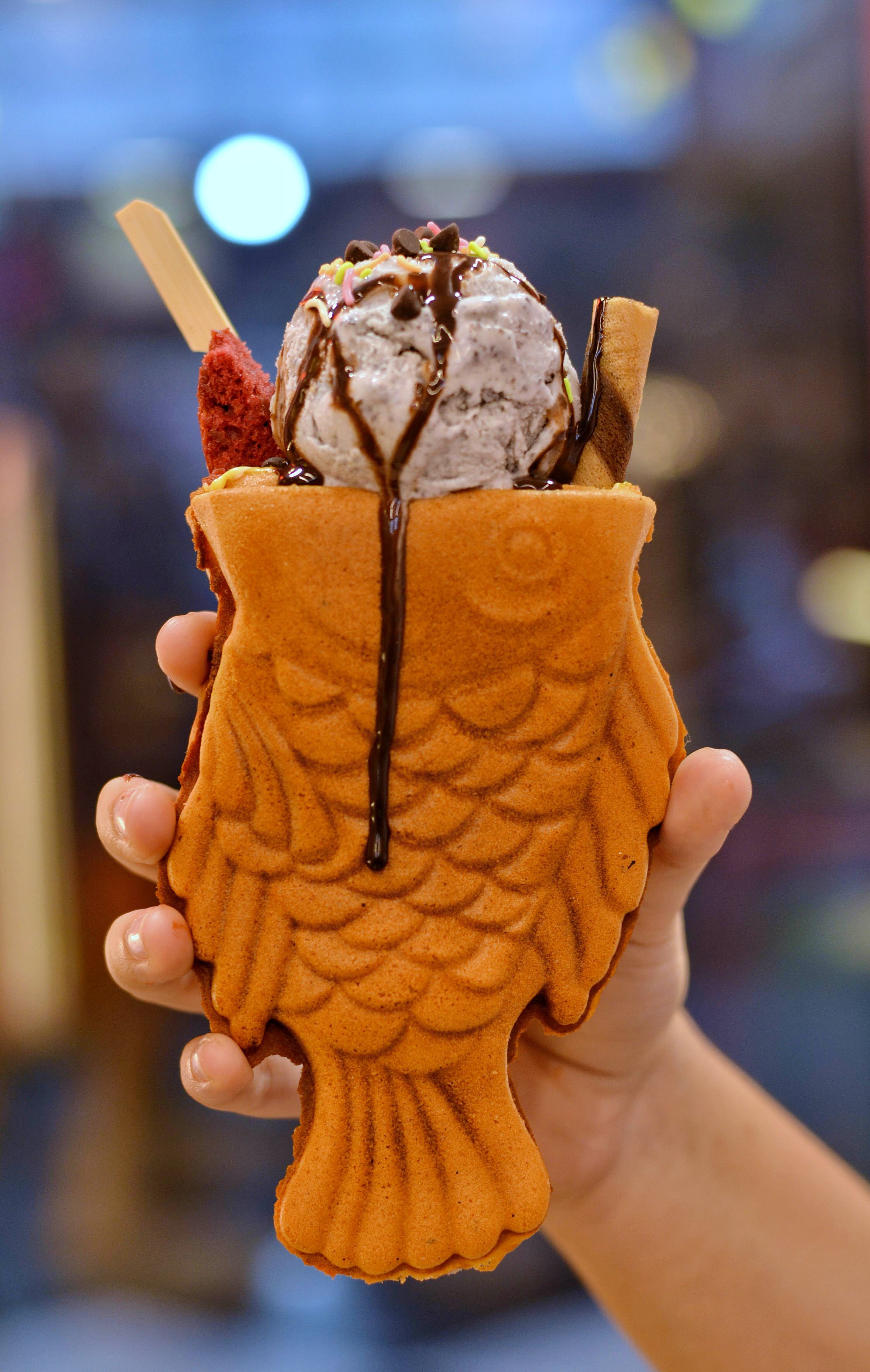 Chocolate ice cream,Bungeoppang,Taiyaki,Frozen dessert,Gelato,Ice cream,Ice cream cone,Food,Dessert,Dairy