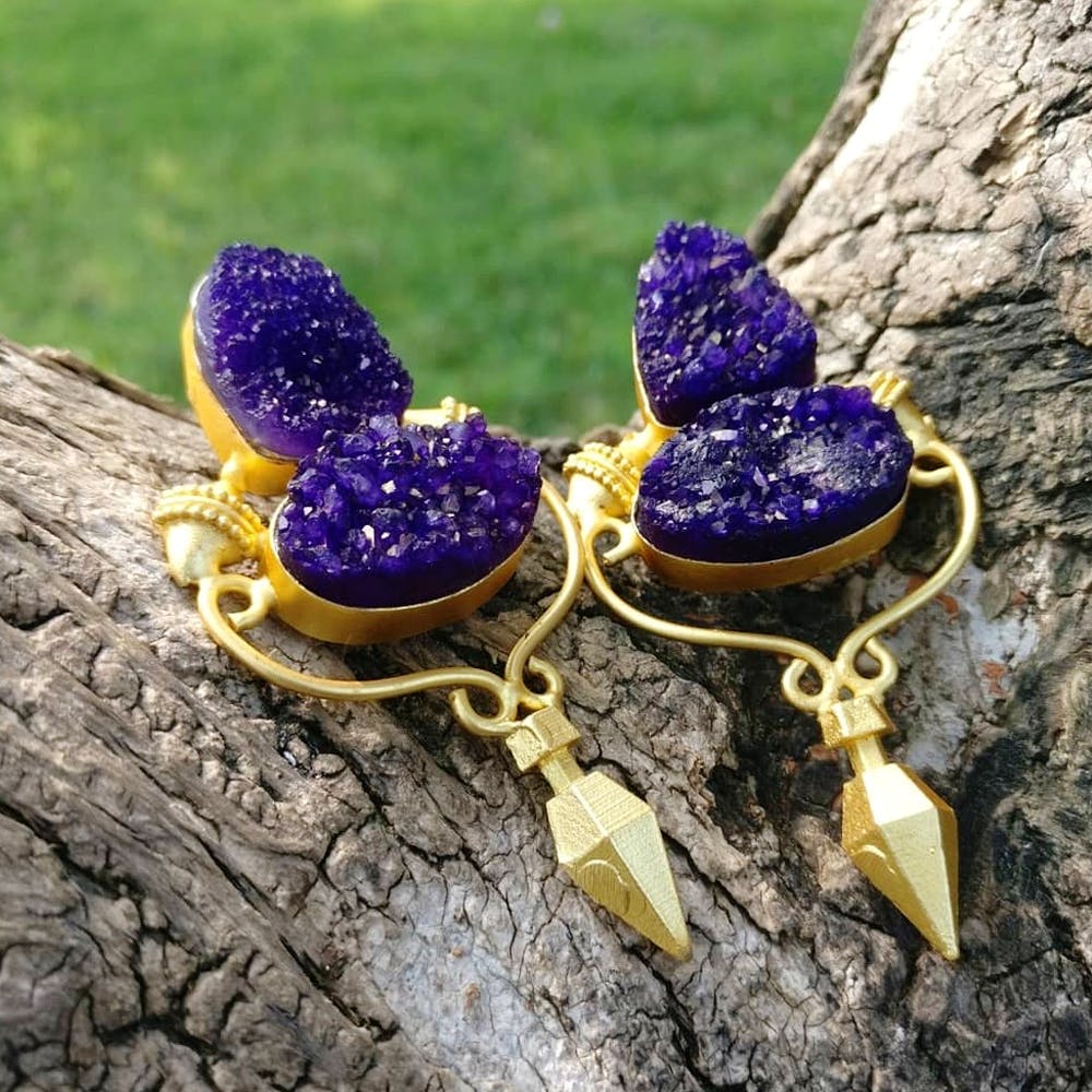 Jewellery,Purple,Fashion accessory,Amethyst,Violet,Cobalt blue,Earrings,Yellow,Gemstone,Body jewelry