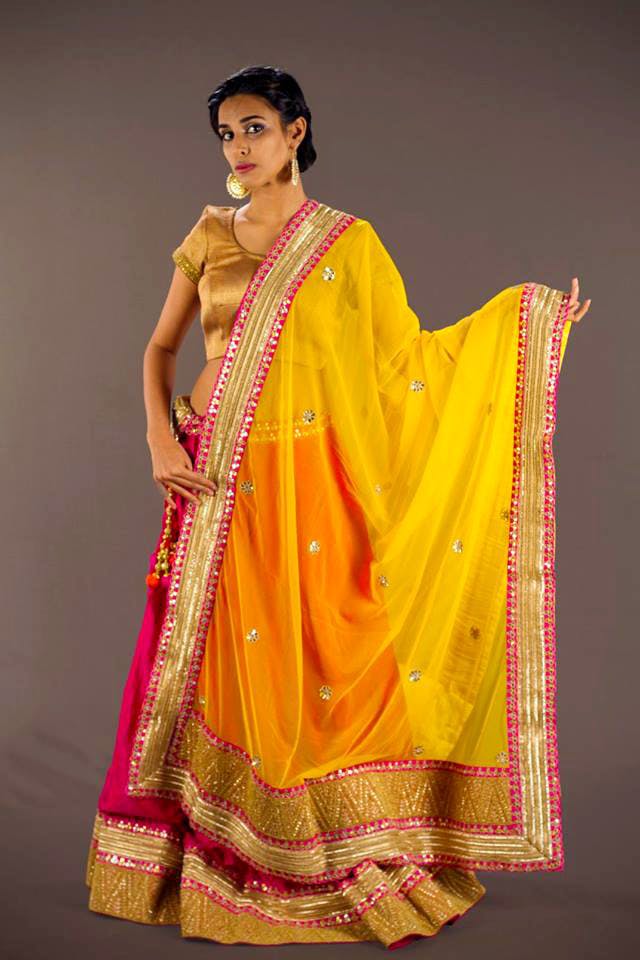 Clothing,Fashion model,Orange,Sari,Yellow,Formal wear,Peach,Fashion design,Textile,Magenta
