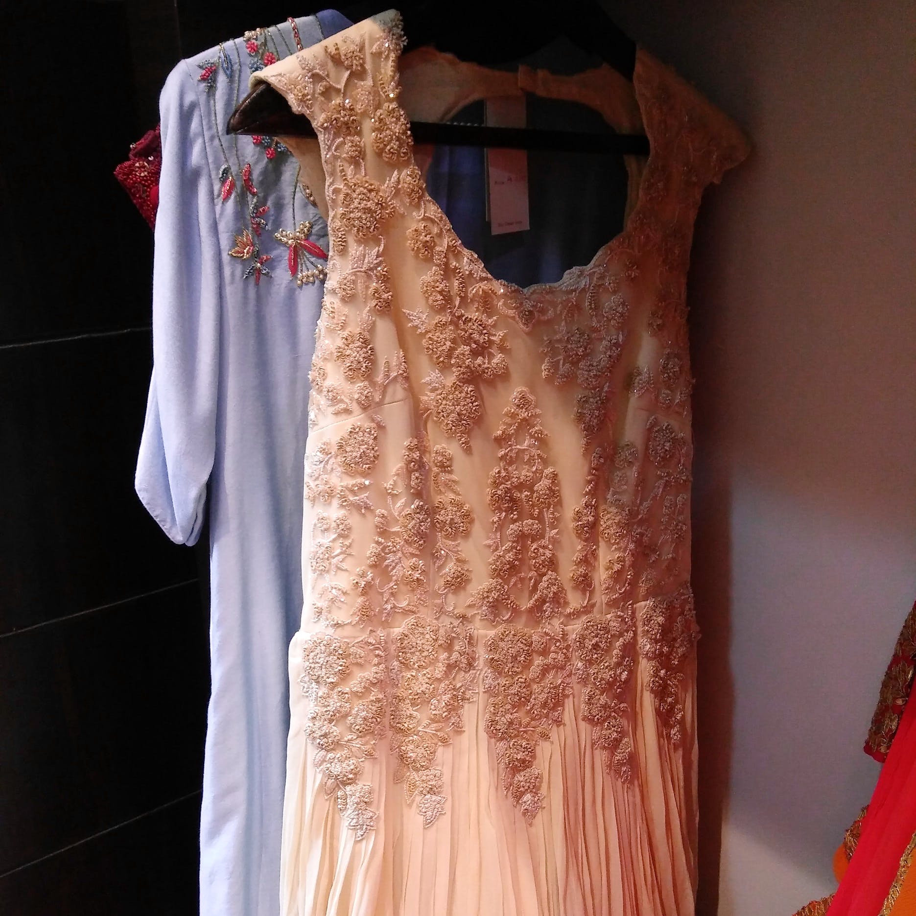 Clothing,Dress,Day dress,Textile,Outerwear,Beige,Peach,Formal wear,Embroidery,Fashion design