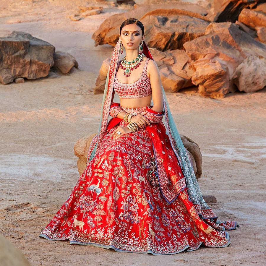 anita dongre red bridal lehenga