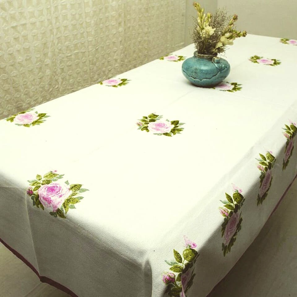 Tablecloth,Textile,Home accessories,Pink,Table,Linens,Rectangle,Embroidery,Floral design,Floristry