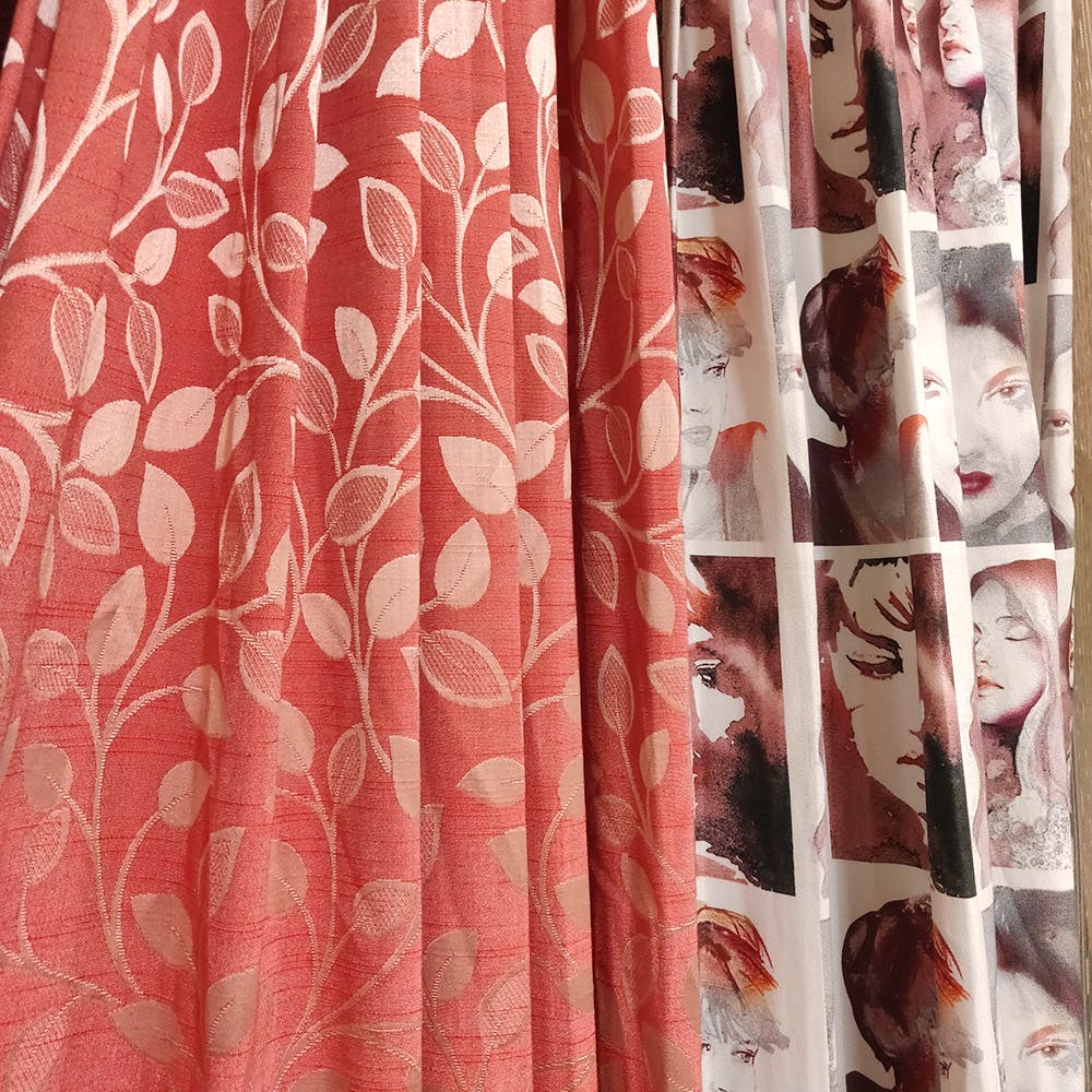 Curtain,Clothing,Shower curtain,Pink,Textile,Interior design,Window treatment,Peach,Pattern,Pattern