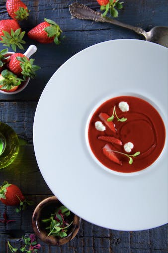 Dish,Food,Soup,Gazpacho,Strawberry,Cuisine,Strawberries,Ingredient,Produce,Vegetable