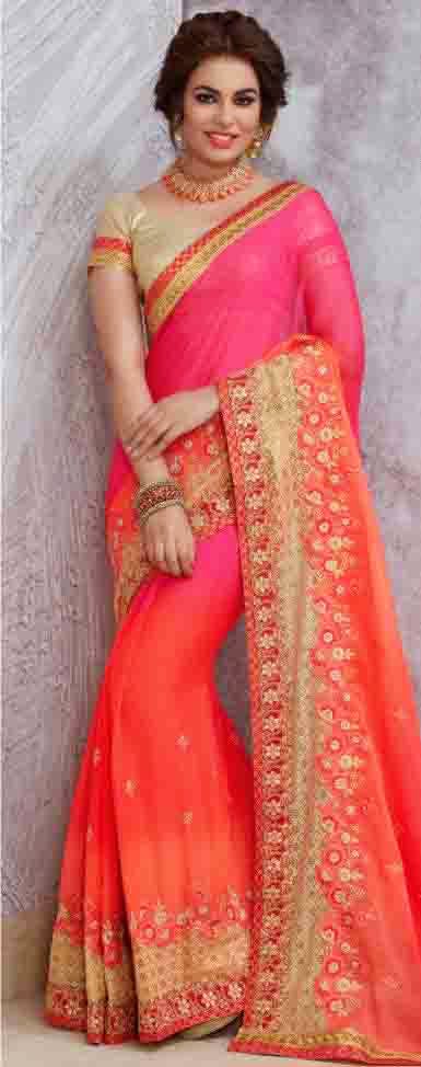 Sari,Clothing,Orange,Pink,Red,Peach,Formal wear,Yellow,Dress,Magenta