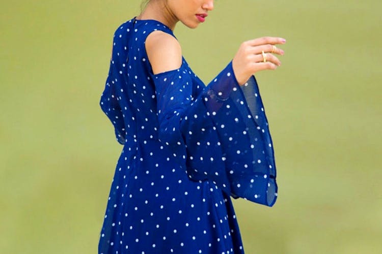 Cobalt blue,Blue,Clothing,Pattern,Polka dot,Electric blue,Dress,Design,Sleeve,Outerwear