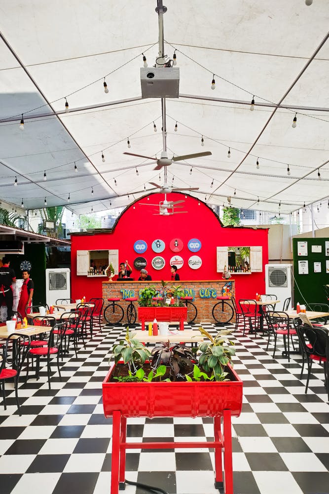 Red,Table,Restaurant,Building,Interior design,Furniture,Design,Cafeteria,Room,Architecture