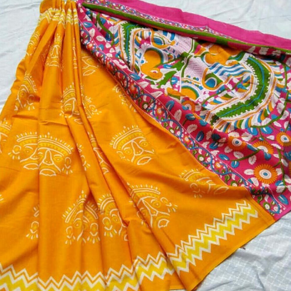 Clothing,Yellow,Orange,Textile,Embroidery,Silk,Peach,Magenta,Pattern,Visual arts