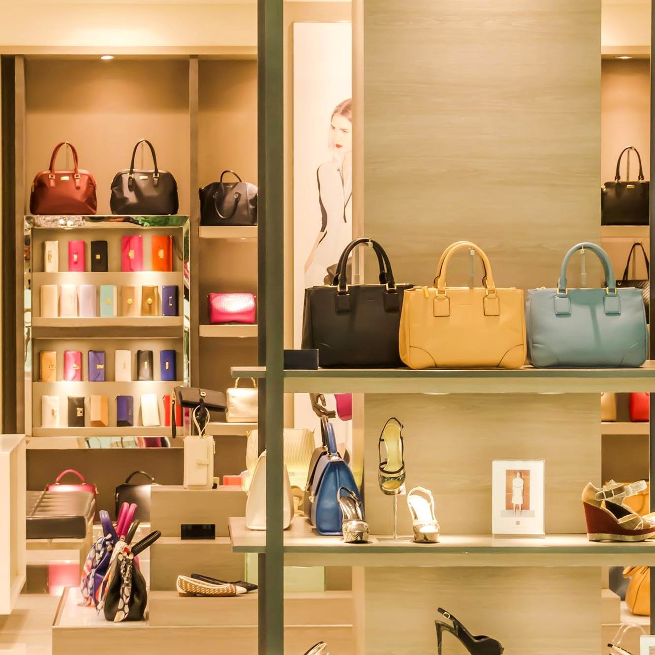 Handbag,Shelf,Bag,Furniture,Building,Shelving,Room,Fashion accessory,Interior design,Retail