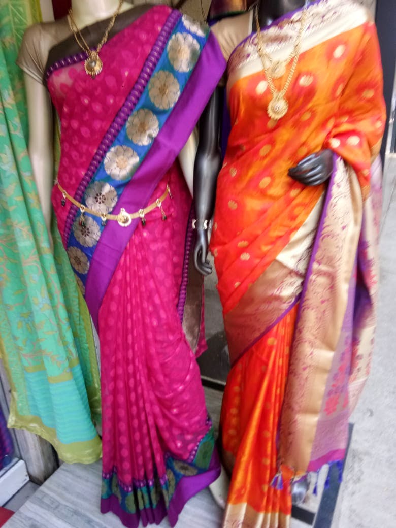 Sari,Clothing,Pink,Magenta,Orange,Purple,Silk,Textile,Formal wear,Embroidery