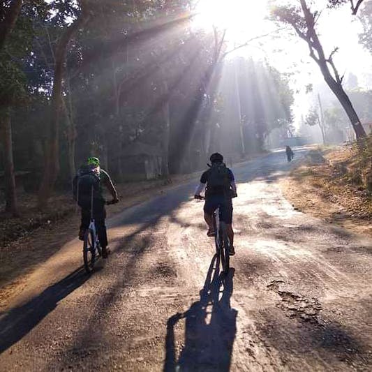 Cycling,Sky,Atmospheric phenomenon,Tree,Sunlight,Morning,Bicycle,Mountain bike,Vehicle,Recreation