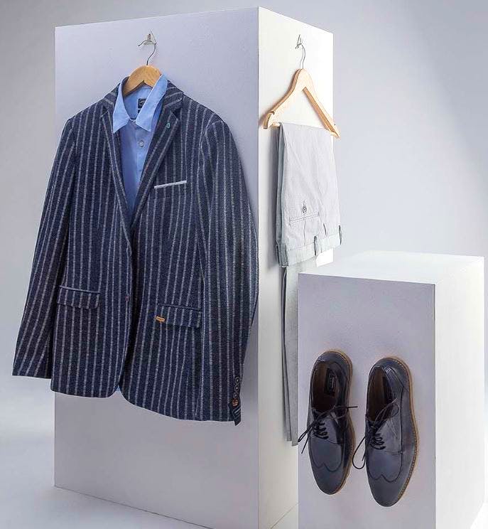 Clothing,Blue,Clothes hanger,Outerwear,Suit,Formal wear,Blazer,Design,Plaid,Footwear