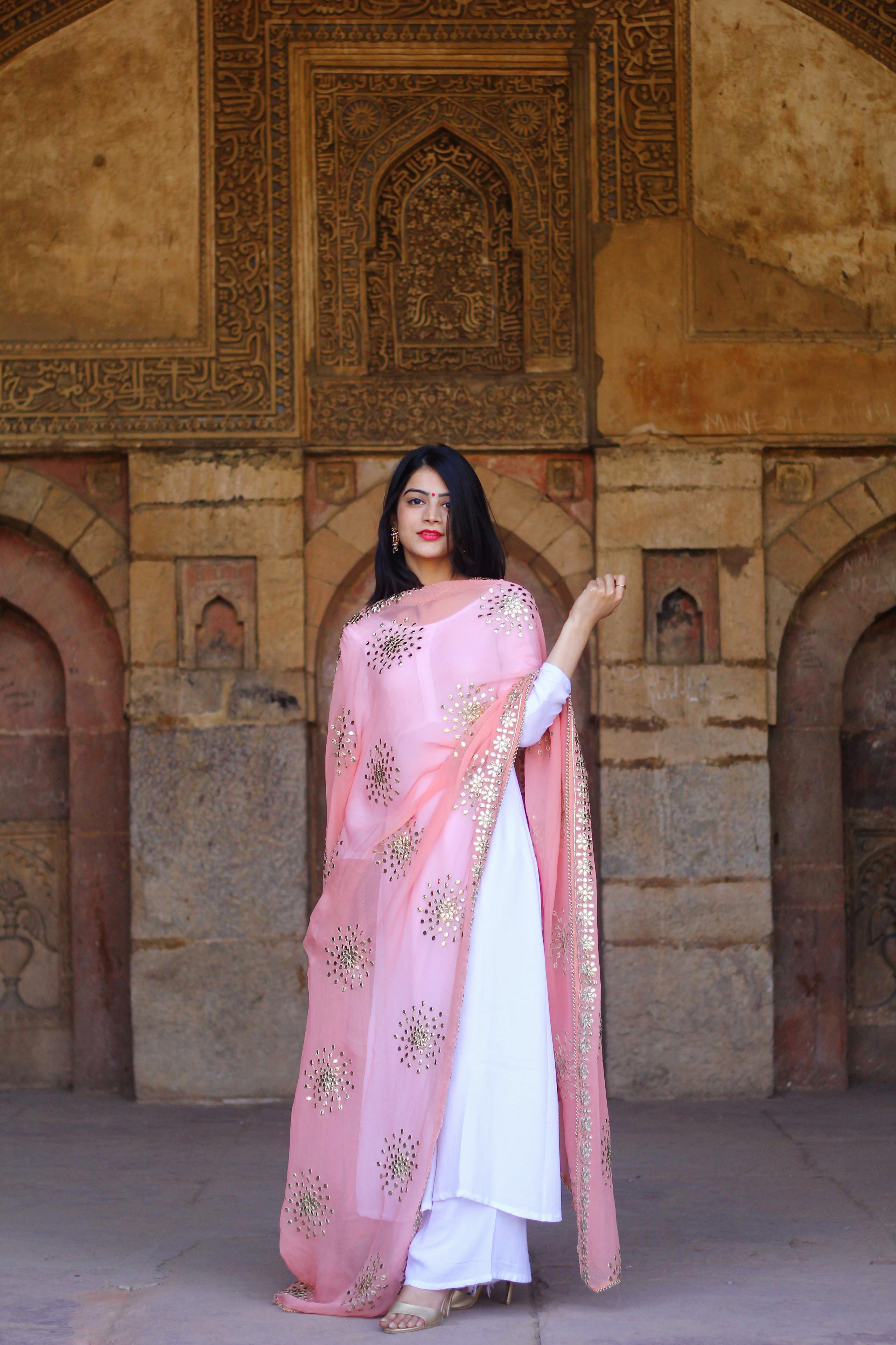Clothing,Pink,Lady,Peach,Sari,Textile,Temple,Long hair,Formal wear,Art