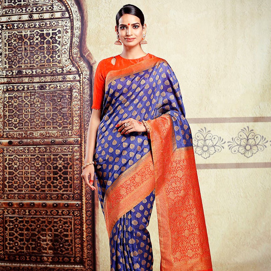 Clothing,Sari,Blue,Orange,Silk,Fashion model,Textile,Formal wear,Fashion design,Peach