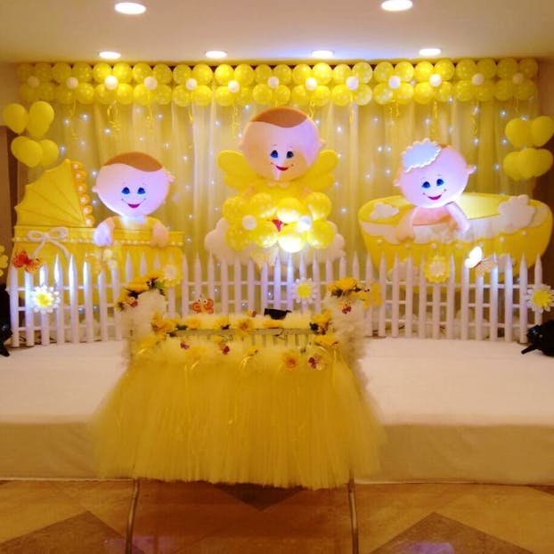 Decoration,Yellow,Party,Balloon,Interior design,Party supply,Room,Function hall,Event,Baby shower