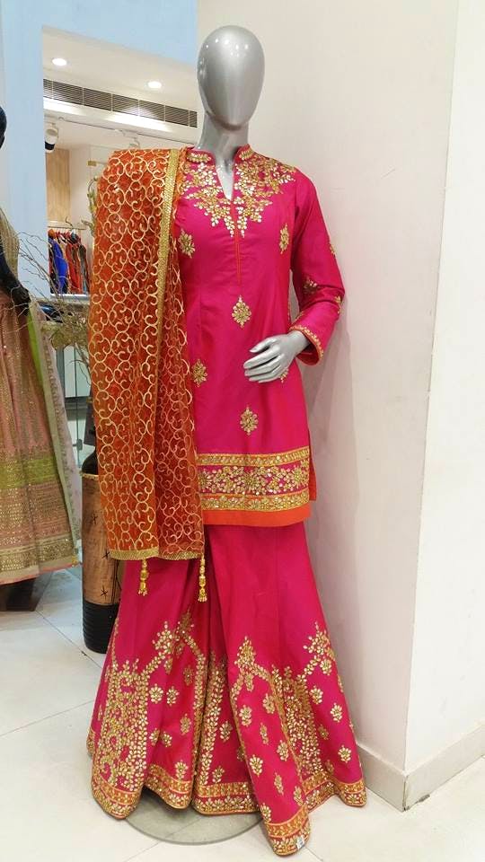 Clothing,Pink,Magenta,Formal wear,Maroon,Sari,Embroidery,Yellow,Peach,Textile
