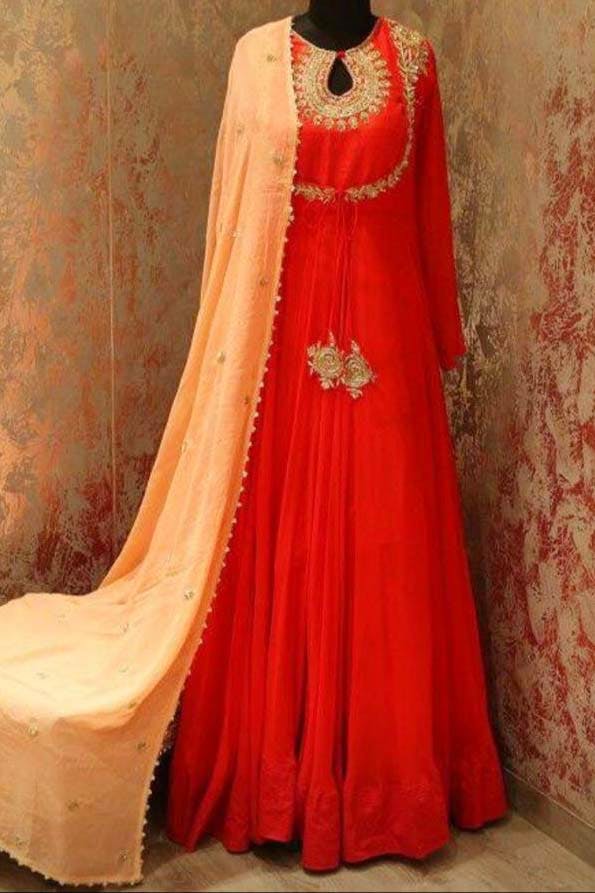 Clothing,Dress,Red,Peach,Gown,Formal wear,Orange,Pink,Maroon,Embroidery