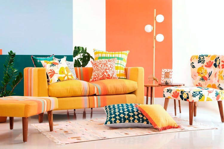 Furniture,Living room,Room,Yellow,Orange,Couch,Interior design,Turquoise,Table,studio couch