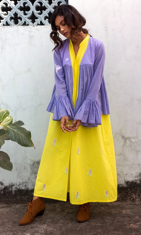 Clothing,Yellow,Blue,Purple,Outerwear,Fashion,Street fashion,Dress,Formal wear,Neck