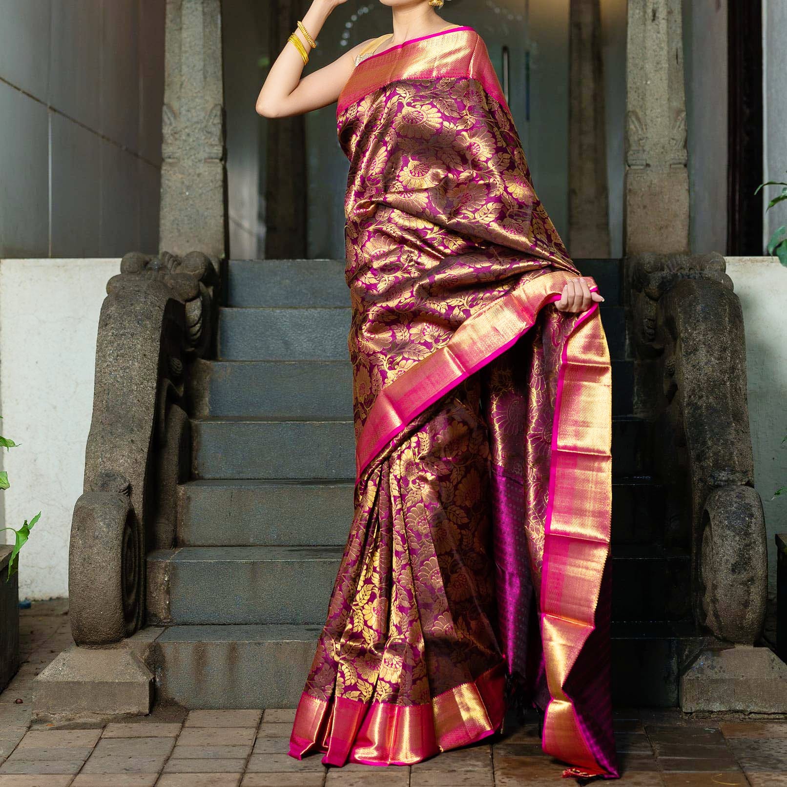 Clothing,Sari,Pink,Silk,Maroon,Magenta,Formal wear,Textile,Dress,Fashion model