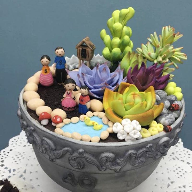 Flowerpot,Cake,Cake decorating,Sugar paste,Plant,Action figure,Dessert,Baked goods,Food,Succulent plant