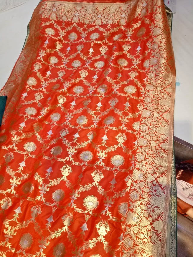Peach,Orange,Red,Clothing,Maroon,Textile,Lace,Silk,Dress,Pattern