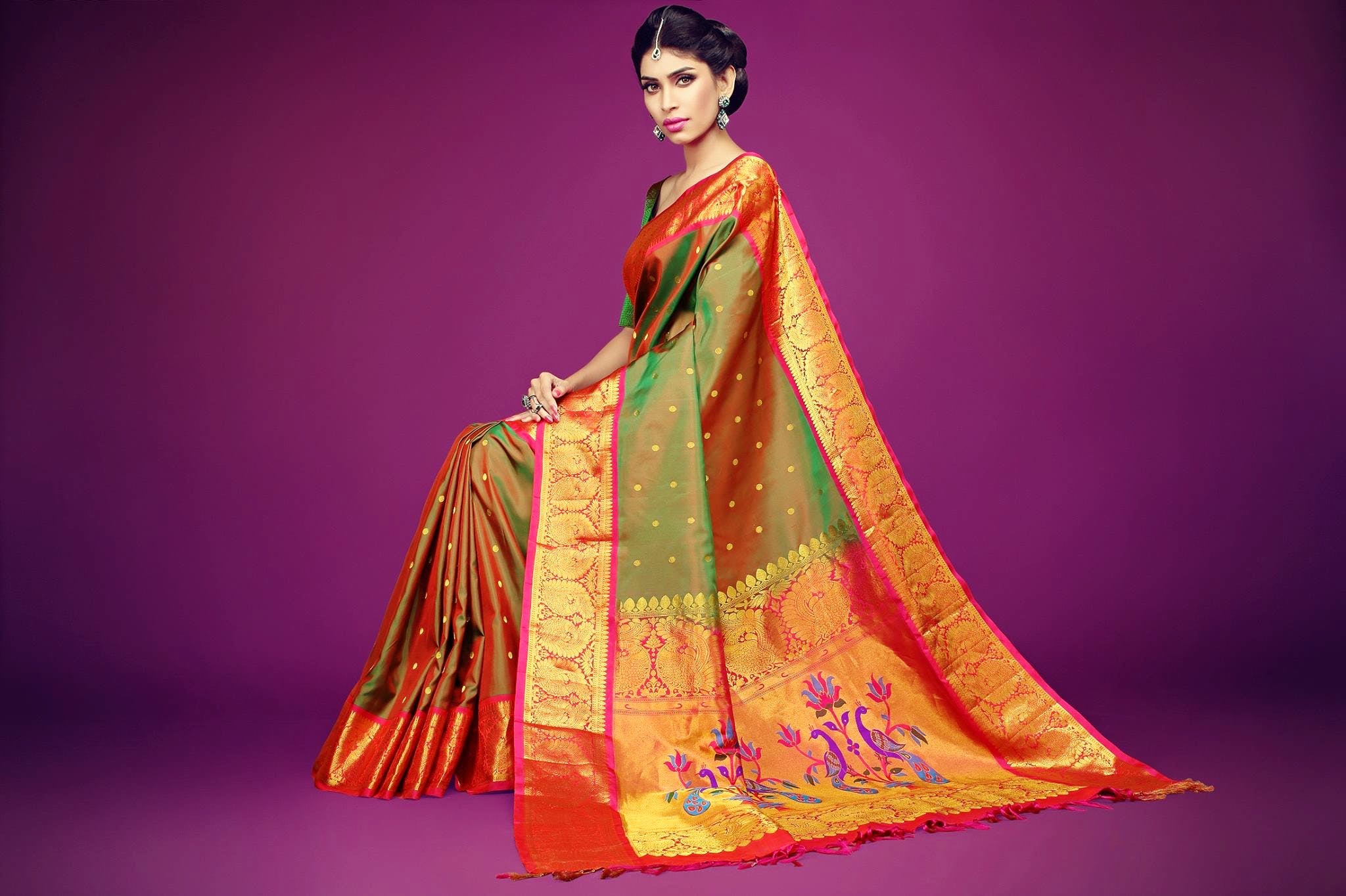 Clothing,Orange,Yellow,Sari,Formal wear,Fashion model,Silk,Purple,Magenta,Textile