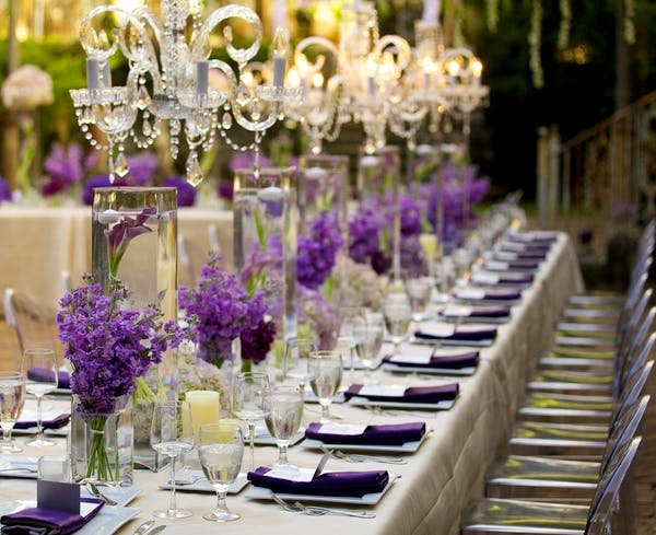 Decoration,Wedding banquet,Purple,Lavender,Flower,Centrepiece,Chiavari chair,Violet,Rehearsal dinner,Lighting