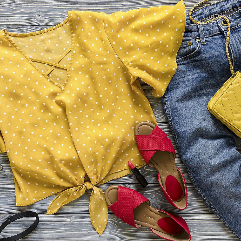 Yellow,Footwear,Textile,Design,Jeans,Pattern,Outerwear,Pattern,Polka dot,Denim