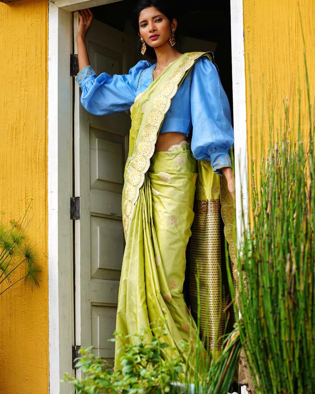Clothing,Green,Yellow,Lady,Fashion,Textile,Outerwear,Sari,Photo shoot,Formal wear