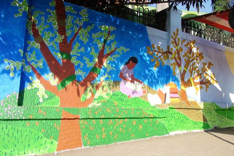 Mural,Wall,Tree,Painting,Architecture,Leisure,Art,Visual arts,Plant,Artwork