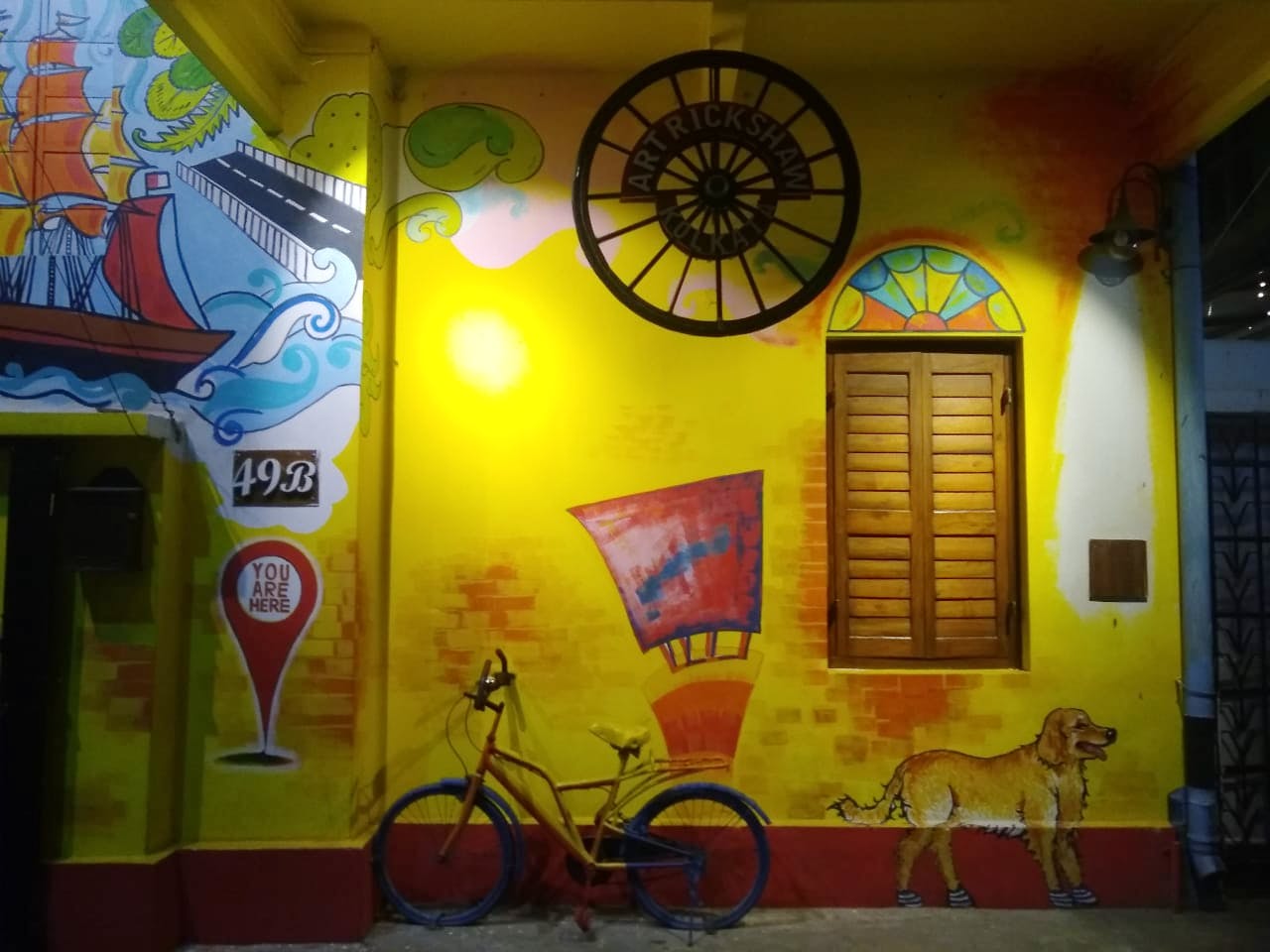 Yellow,Wall,Majorelle blue,Mural,Room,Art,Building