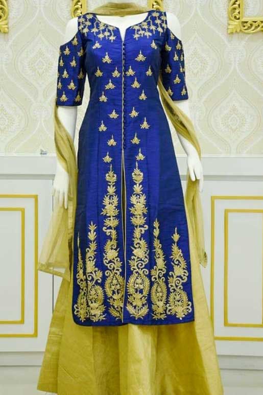 Clothing,Blue,Cobalt blue,Yellow,Dress,Formal wear,Day dress,Embroidery,Fashion design,Textile