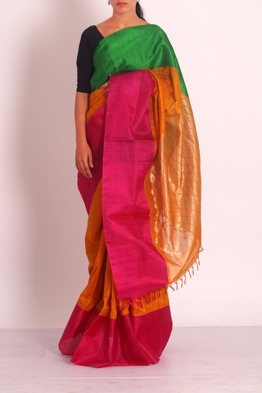 Clothing,Sari,Green,Silk,Magenta,Pink,Yellow,Orange,Maroon,Textile