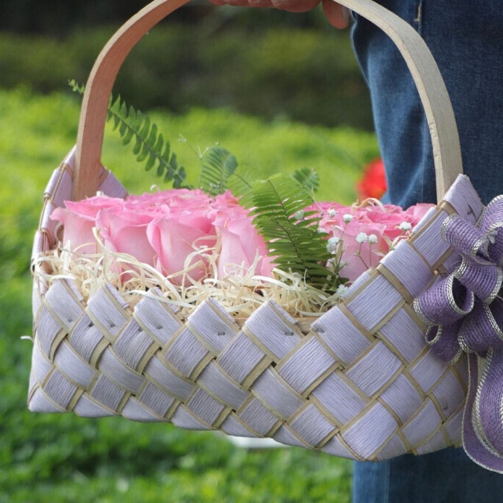 Flower girl basket,Pink,Basket,Wedding ceremony supply,Bag,Fashion accessory,Handbag,Diaper bag
