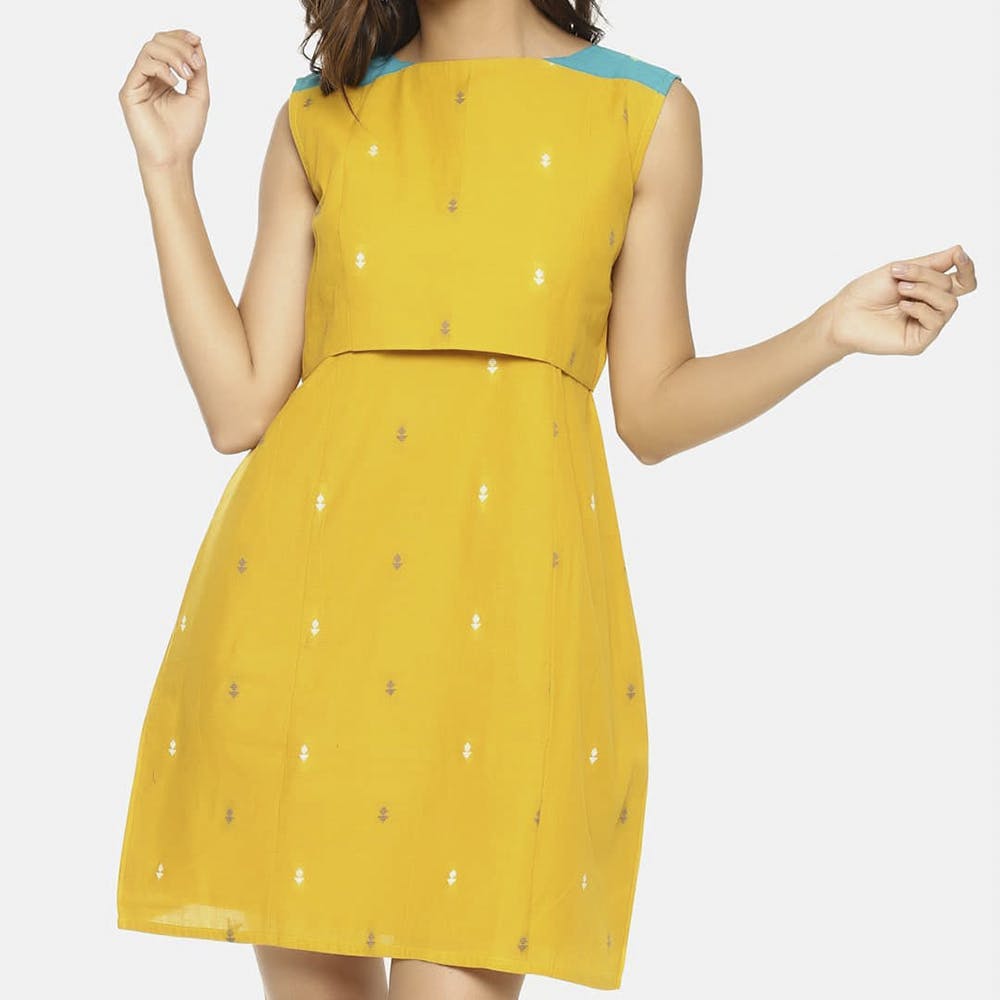 Clothing,Dress,Yellow,Day dress,Waist,Neck,Cocktail dress,Pattern,A-line,Polka dot