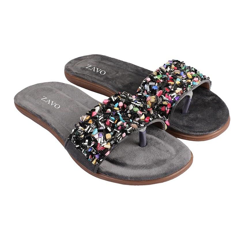 Get Black Sequin Embellished Slides at ₹ 399 | LBB Shop