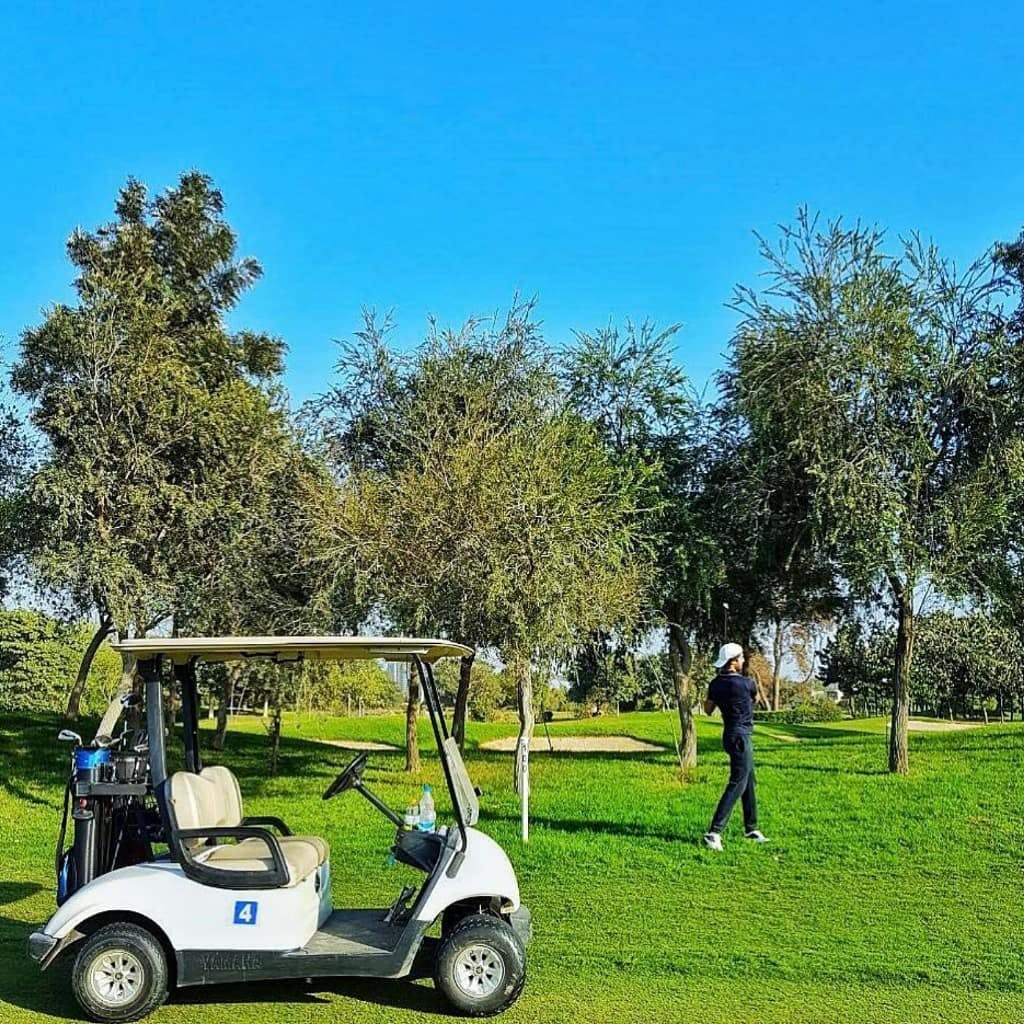 Golf cart,Vehicle,Motor vehicle,Golf course,Tree,Grass,Golfer,Woody plant,Golf,Sport venue